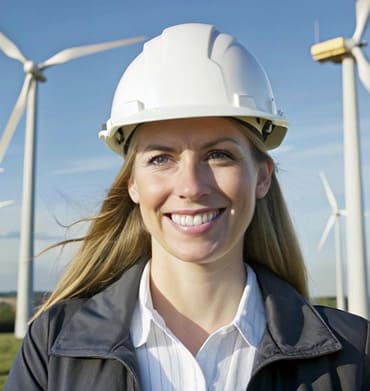Female wind energy engineer in safety helmet at wind farm with turbines.