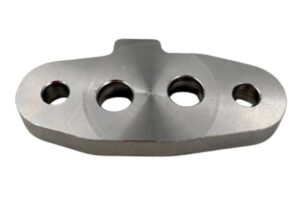 Steel industrial component with multiple holes for machinery applications.