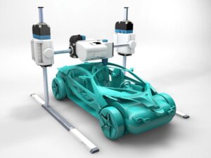 Futuristic autonomous car with robotic arms and sensors for advanced driving technology.
