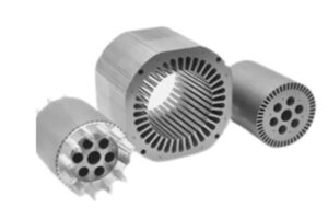 Industrial electric motor parts with cooling fins and ventilation holes for efficient performance.